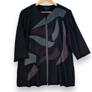 Ming Wang Open Front Jacket Womens L Large 3/4 sleeve Aqua Black Purple Cardigan